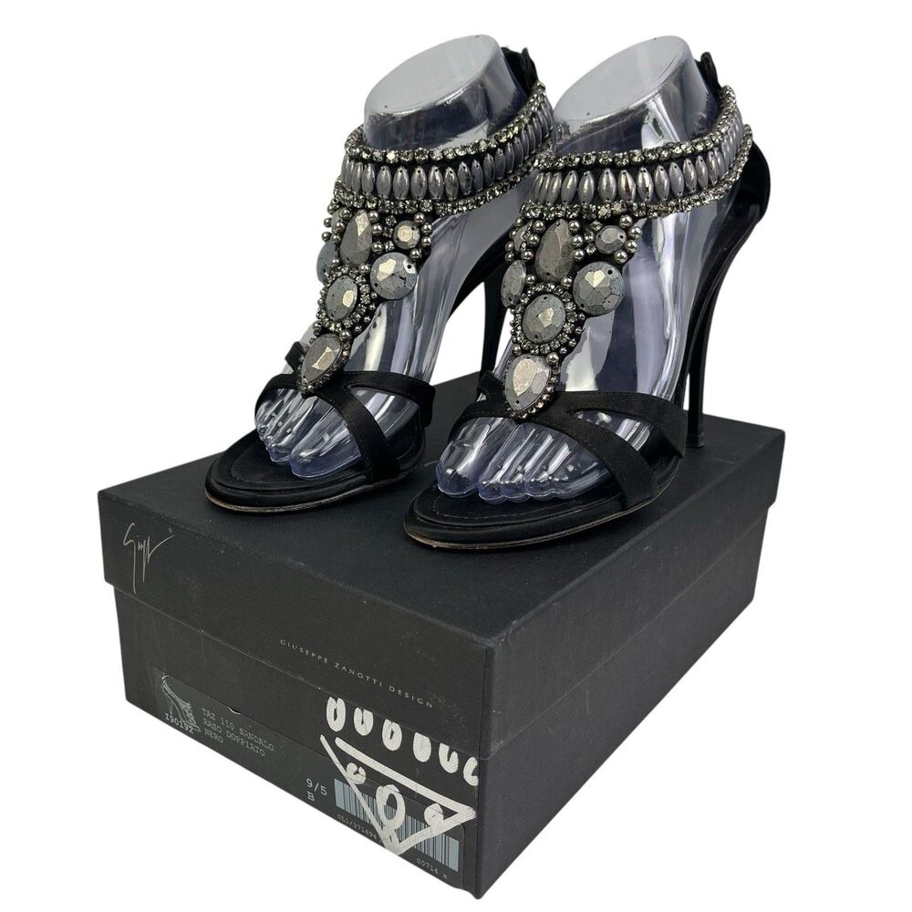 Giuseppe Zanotti Taz 110 Sandal Raso Doppiato 9.5 B Black Heels Jeweled Italy
